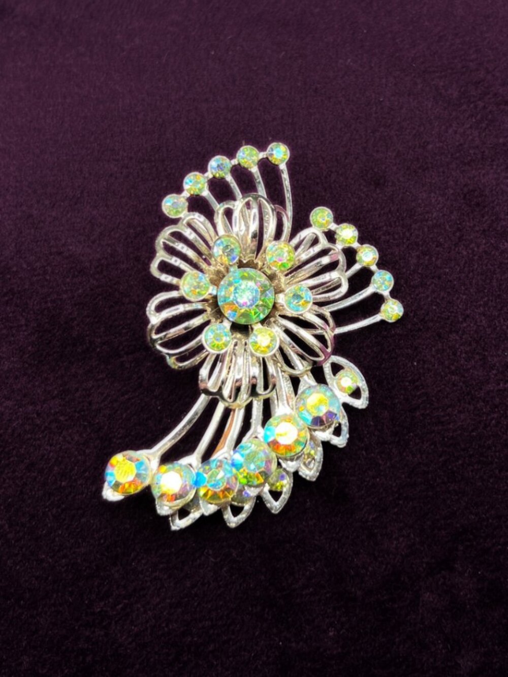 Midcentury Gold Burst Brooch Green Aurora Borealis Rhinestones